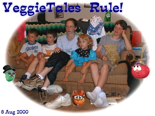 Hornikel and Rhine Children enjoying Veggie Tales. 6 Aug 2000